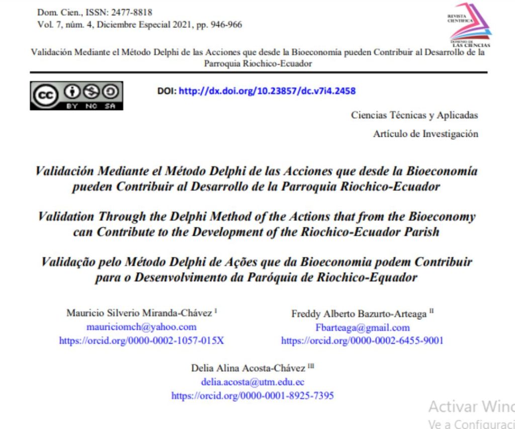 Validación Mediante el Método Delphi de las Acciones que desde la Bioeconomía pueden Contribuir al Desarrollo de la Parroquia Riochico-Ecuador