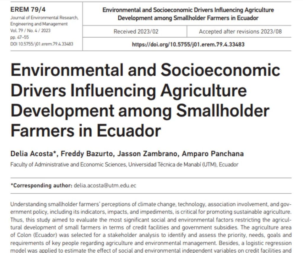 Environmental and Socioeconomic Drivers Influencing Agriculture Development among Smallholder Farmers in&nbsp;Ecuador