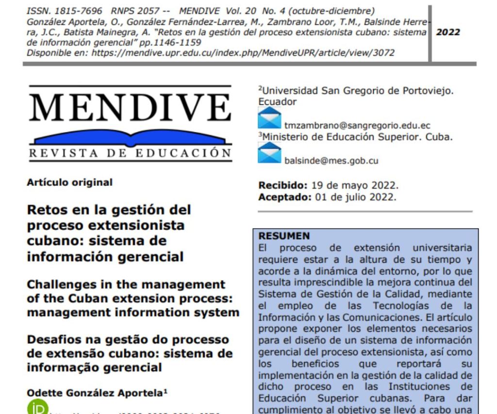 Retos en la gestión del proceso extensionista cubano: sistema de información&nbsp;gerencial