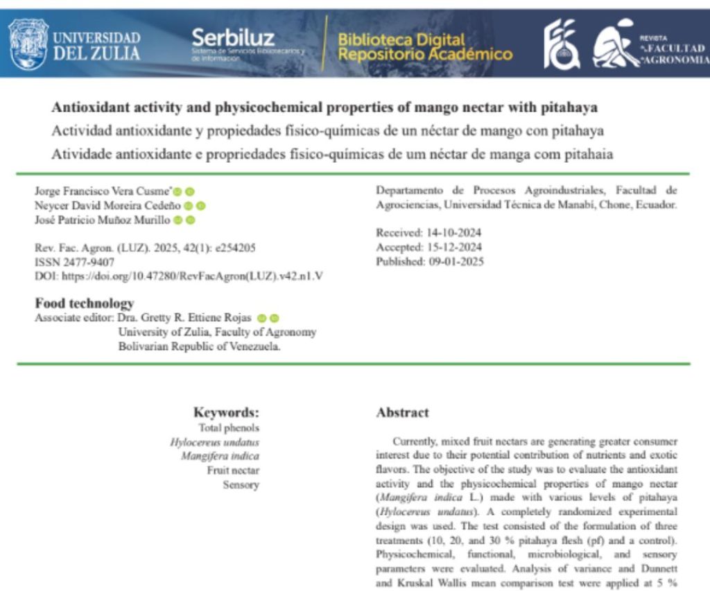 Actividad antioxidante y propiedades físico-químicas de un néctar de mango con&nbsp;pitahaya