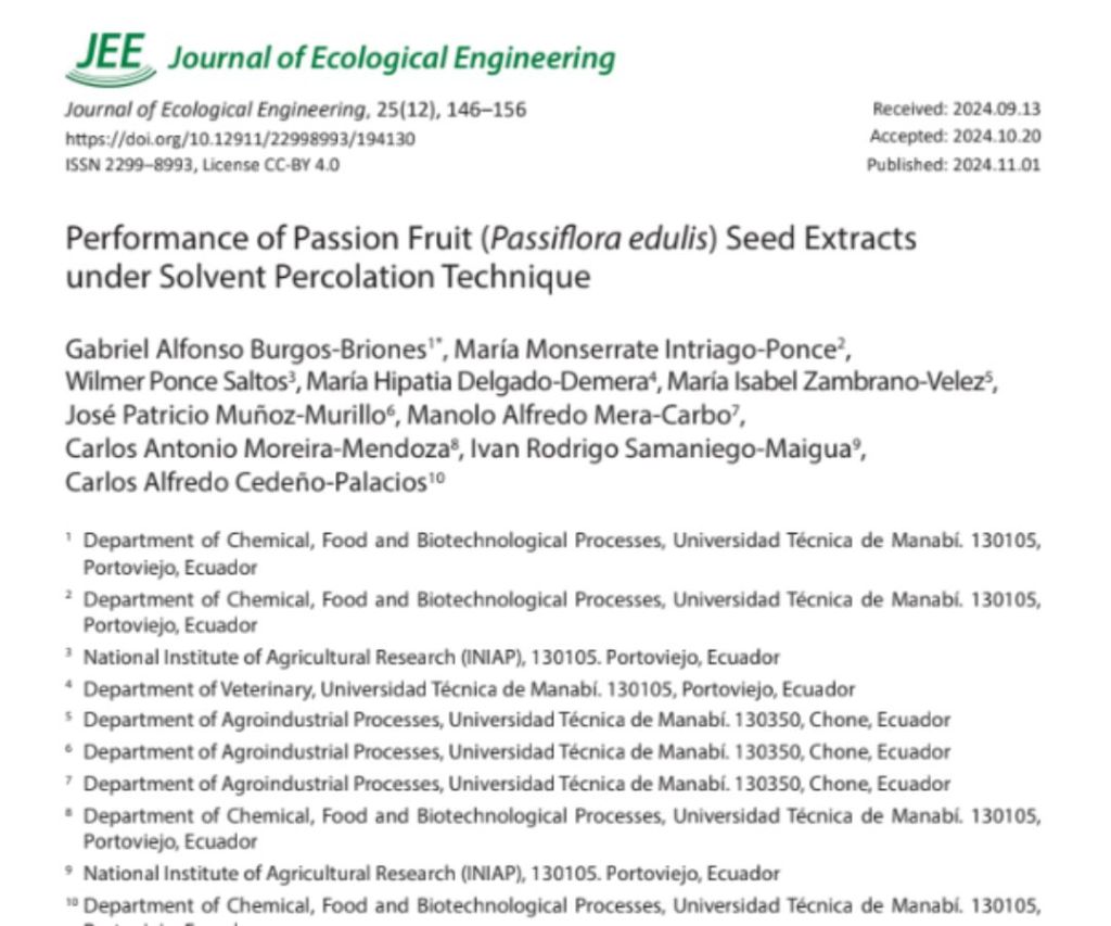 Performance of Passion Fruit (Passiflora edulis) Seed Extractsunder Solvent Percolation&nbsp;Technique