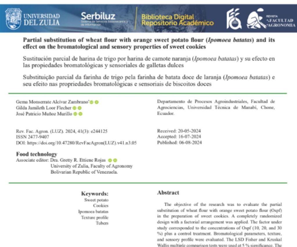 Sustitución parcial de harina de trigo por harina de camote naranja (Ipomoea batatas) y su efecto en las propiedades bromatológicas y sensoriales de galletas&nbsp;dulces