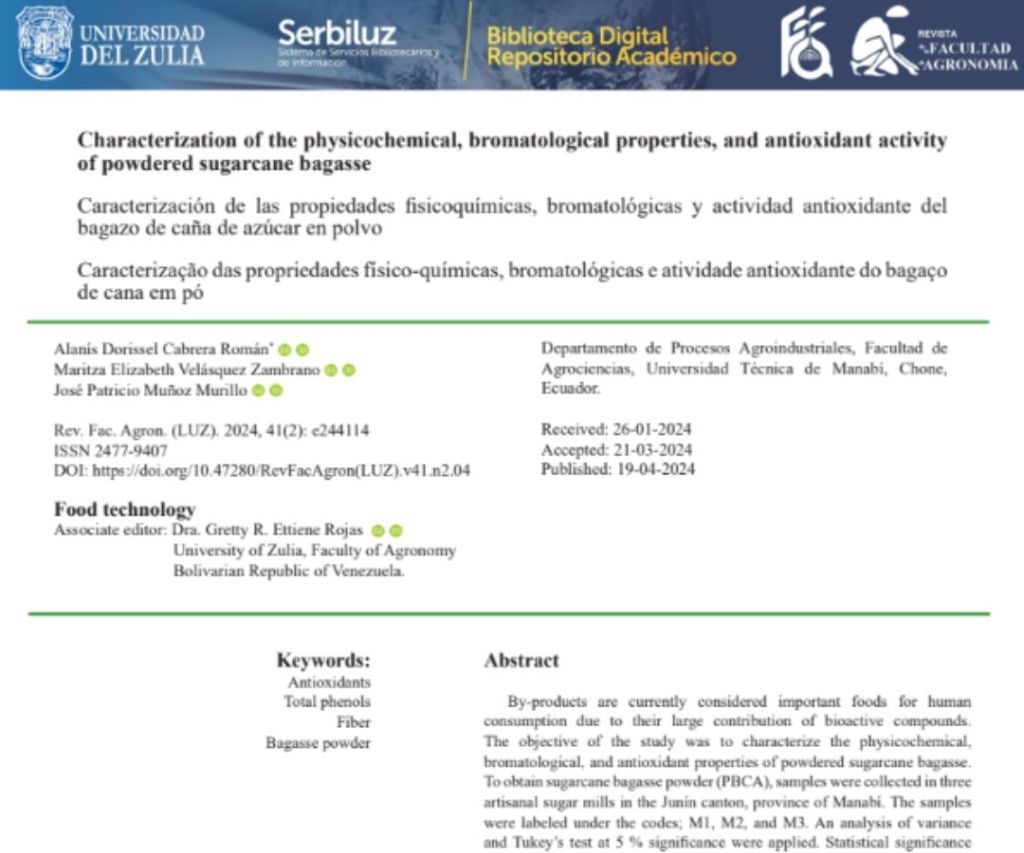 Caracterización de las propiedades fisicoquímicas, bromatológicas y actividad antioxidante del bagazo de caña de azúcar en&nbsp;polvo