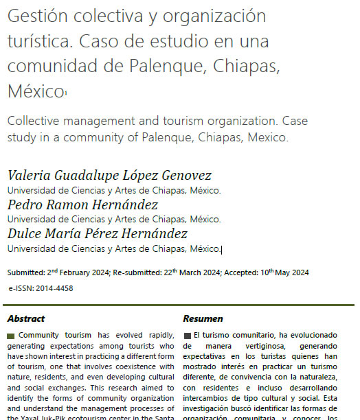 Gestión colectiva y organización turística. Caso de estudio en una comunidad de Palenque, Chiapas,&nbsp;México